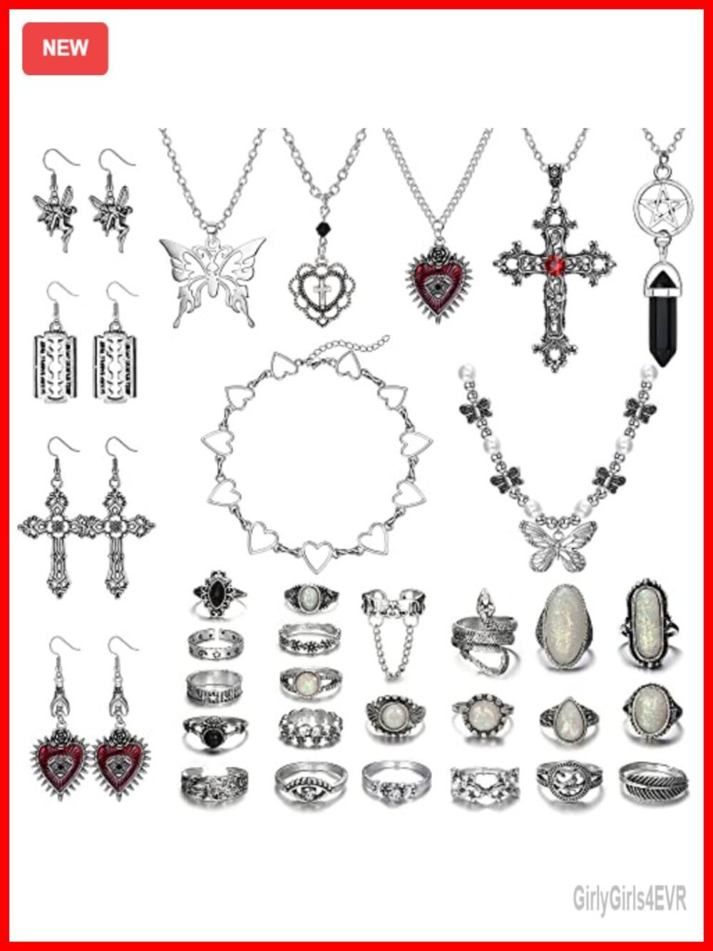 33pcs Grunge Vintage Punk Necklace Jewelry Set with Earrings Rings
